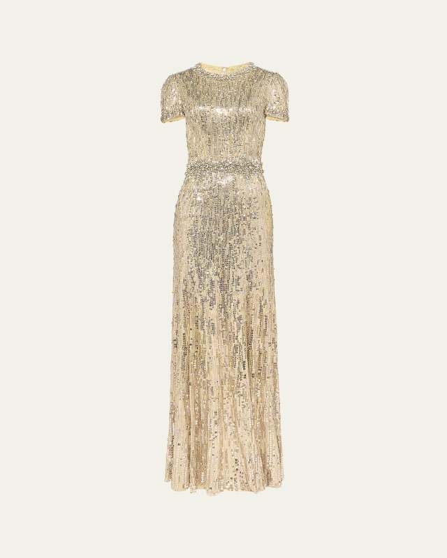 Celeste Short-Sleeve Crystal Sequined Gown